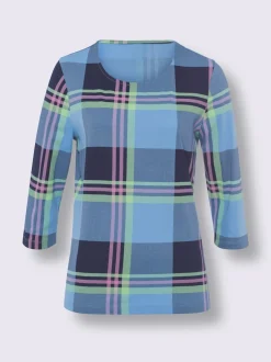 T shirt à manches trois quart et col rond motif carreaux