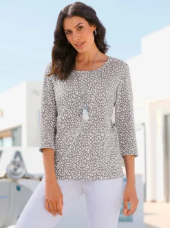 T shirt à manches trois quart et motif floral en coton