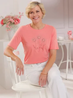 T shirt coton à manches courtes col rond fleurs et pierres