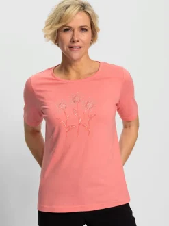 T shirt coton à manches courtes col rond fleurs et pierres