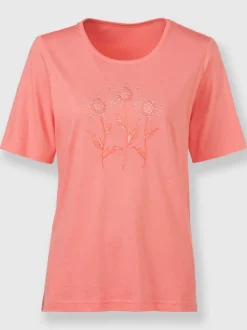 T shirt coton à manches courtes col rond fleurs et pierres