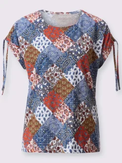 T shirt coton à manches courtes et col rond imprimé patchwork