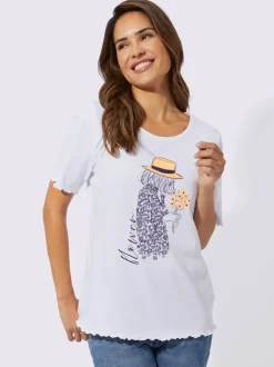 T shirt en coton manches courtes col ronde passepoilée motif imprimé