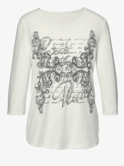 T shirt femme en coton imprimé col rond manches trois quarts