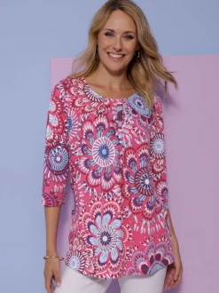 T shirt long col rond et manches trois quarts motif floral