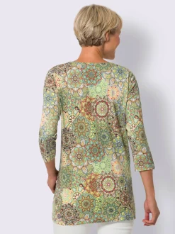 T shirt long en coton avec col rond et motif mandala