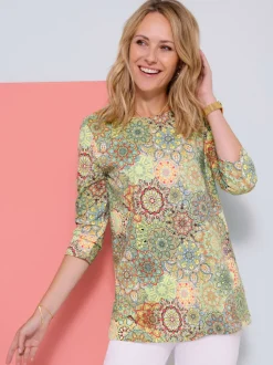 T shirt long en coton avec col rond et motif mandala