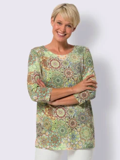 T shirt long en coton avec col rond et motif mandala