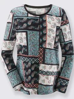 T shirt manches longues col rond imprimé patchwork en coton modal