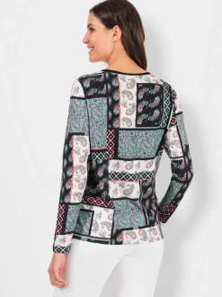 T shirt manches longues col rond imprimé patchwork en coton modal