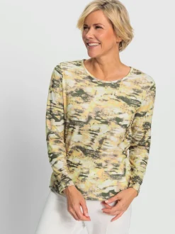T shirt manches longues en jersey col rond passepoilé motif camouflage