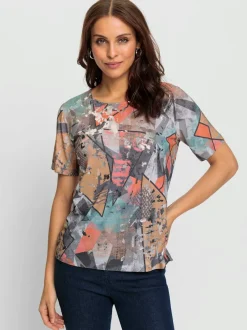 T shirt viscose imprimé fantaisie avec fentes latérales et manches courtes
