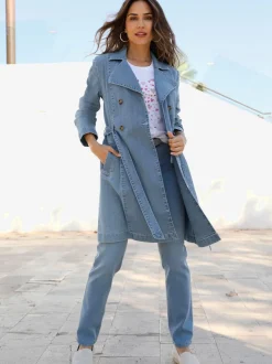 Trench coat denim long avec col à revers et ceinture amovible