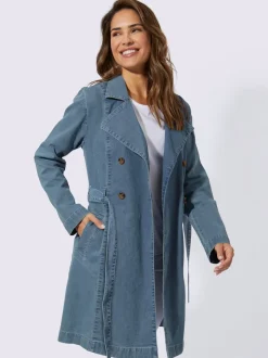 Trench coat denim long avec col à revers et ceinture amovible