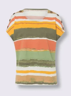T-shirt à encolure ronde boutons imitation bois