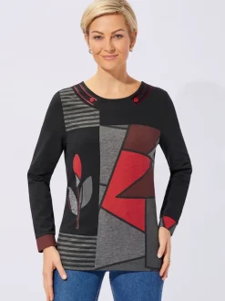 T-shirt imprimé motif patchwork col rond manches longues
