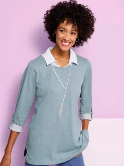 T-shirt long col chemise tissé