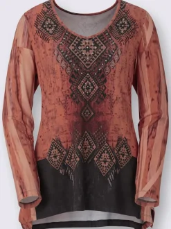 T-shirt asymétrique imprimé ethnique col en u manches longues