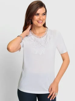 T shirt à col en dentelle et manches courtes