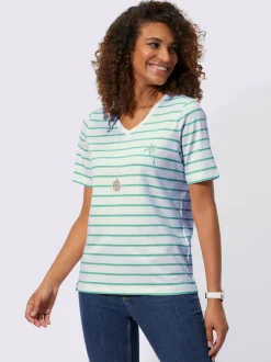 T shirt coton marinière col V et manches courtes palmiers brodés