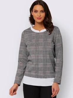 T shirt 2 en 1 carreaux manches longues col rond