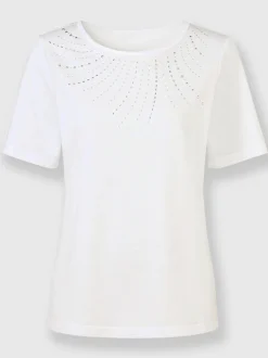 T shirt à encolure ronde et détails perforés modal coton