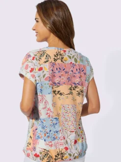 T shirt à encolure ronde froncée et manches courtes motif fleurettes