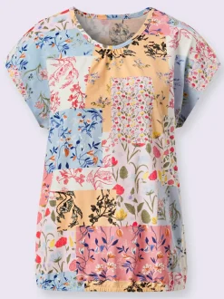 T shirt à encolure ronde froncée et manches courtes motif fleurettes