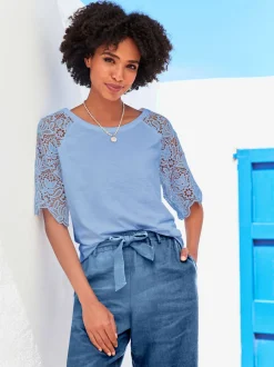 T-shirt à encolure ronde manches en dentelle