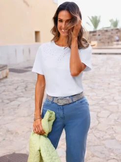 T-shirt à encolure ronde superbe broderie ajourée