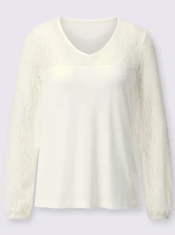T shirt en dentelle viscose douce avec manches longues empiècement filigrane