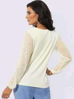 T shirt en dentelle viscose douce avec manches longues empiècement filigrane