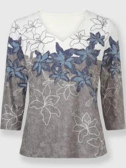 T shirt imprimé floral col V et manches 3/4 entretien facile