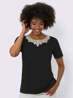 T shirt à manches courtes avec dentelle sur le col rond