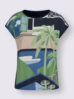 T shirt à manches courtes imprimé motif palmier et géométrique