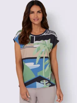 T shirt à manches courtes imprimé motif palmier et géométrique