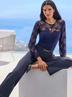T-shirt à manches longues dentelle transparente aux manches et épaules