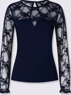 T-shirt à manches longues dentelle transparente aux manches et épaules