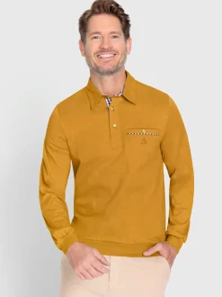 T-shirt à manches longues empiècement tissu sur le col, la patte de boutonnage et la poche poitrine