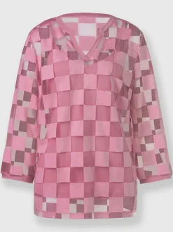 T shirt manches trois quarts et motif carreaux dévoré encolure V