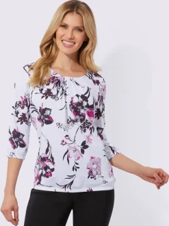 T shirt à manches trois quarts imprimé floral et encolure plissée