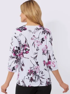 T shirt à manches trois quarts imprimé floral et encolure plissée