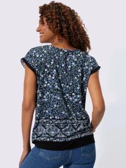 T shirt viscose à manches courtes col rond floral bordure imprimée