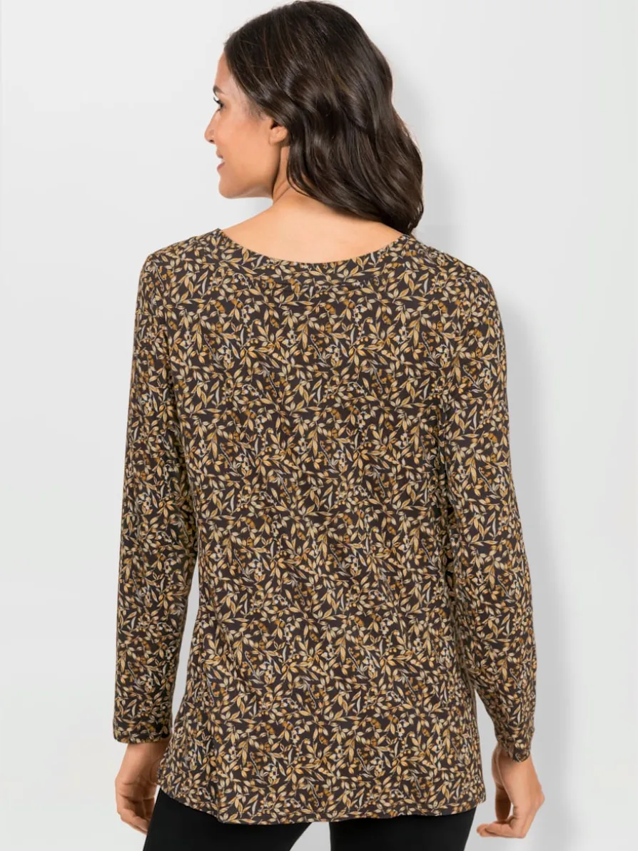 Tunique viscose encolure ronde et manches longues motif floral minimaliste