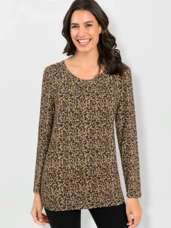 Tunique viscose encolure ronde et manches longues motif floral minimaliste