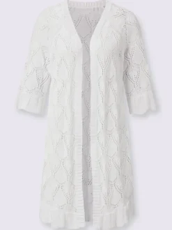Veste en tricot ajouré longue et ouverte manches raglan mi longues