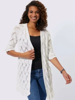 Veste en tricot ajouré longue et ouverte manches raglan mi longues