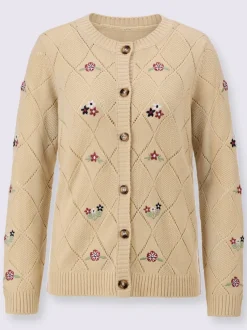 Veste en tricot à motif losanges ajouré et boutons imitation corne