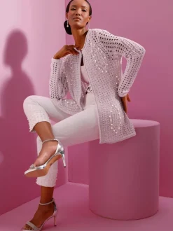 Veste longue en tricot motif ajouré léger