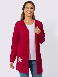 Veste longue en tricot ouverte à capuche et poches avec étoile